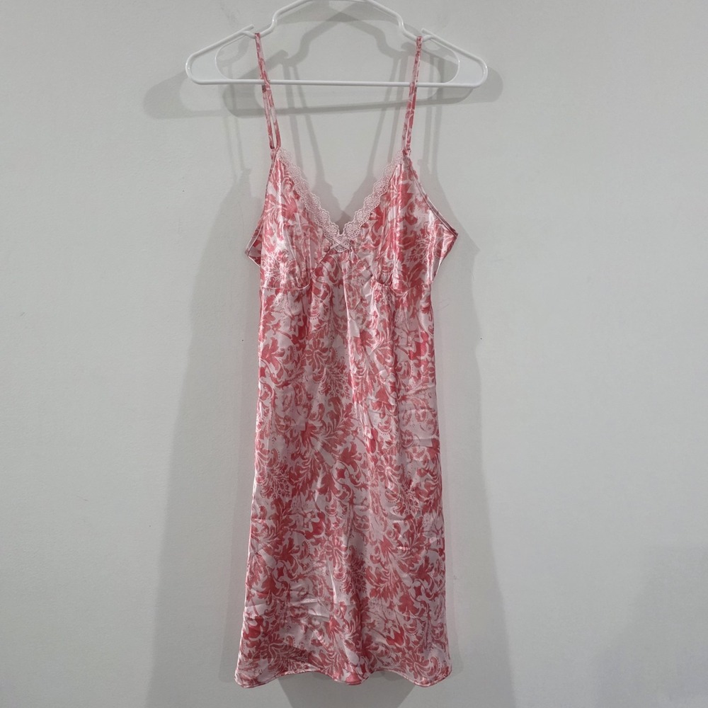 Womens Babydoll‎ Slip Dress Size Medium Pink Floral Satin Lace Trim Bow Coquette